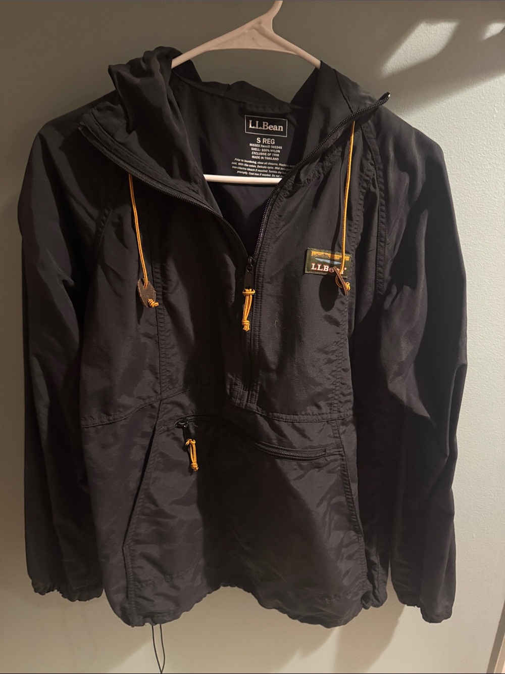 L.L. Bean Black Hooded Anorak with Yellow Drawcord Accents